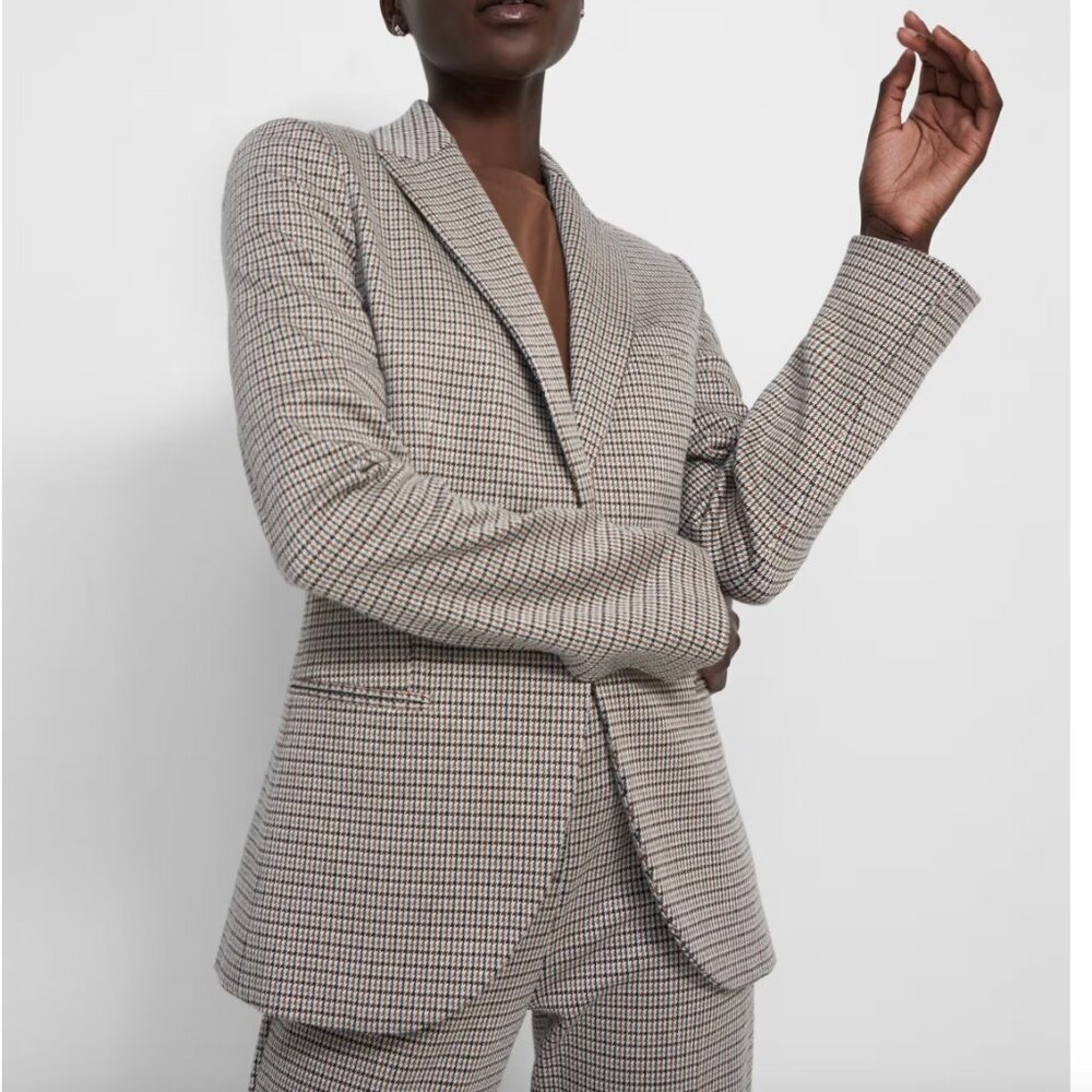 Theory Black Tan White Staple Blazer Houndstooth Eco Knit 12 jacket